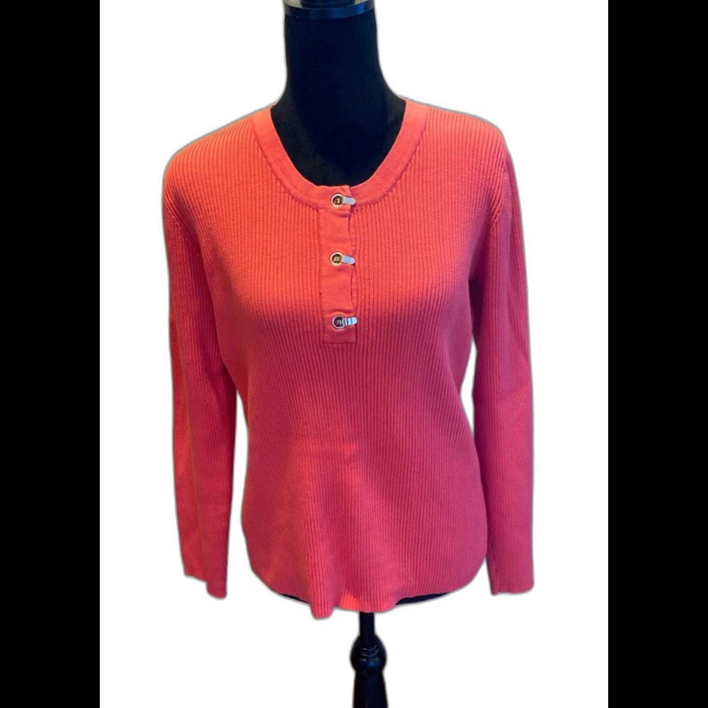 Liz & Co‎ Blouse 100% Cotton Ribbed  Top Sz XL Pink Stretchy Unique Closure